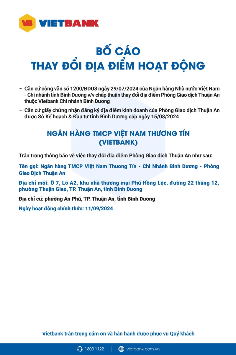 Vietbank: Bố cáo thay đổi địa điểm hoạt động PGD Thuận An