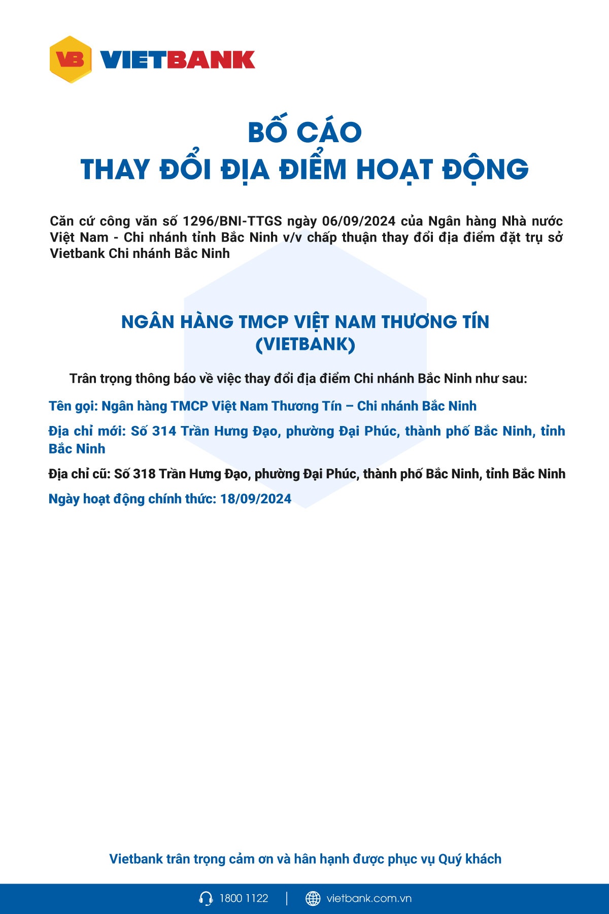 Vietbank: Bố cáo thay đổi địa điểm hoạt động chi nhánh Bắc Ninh