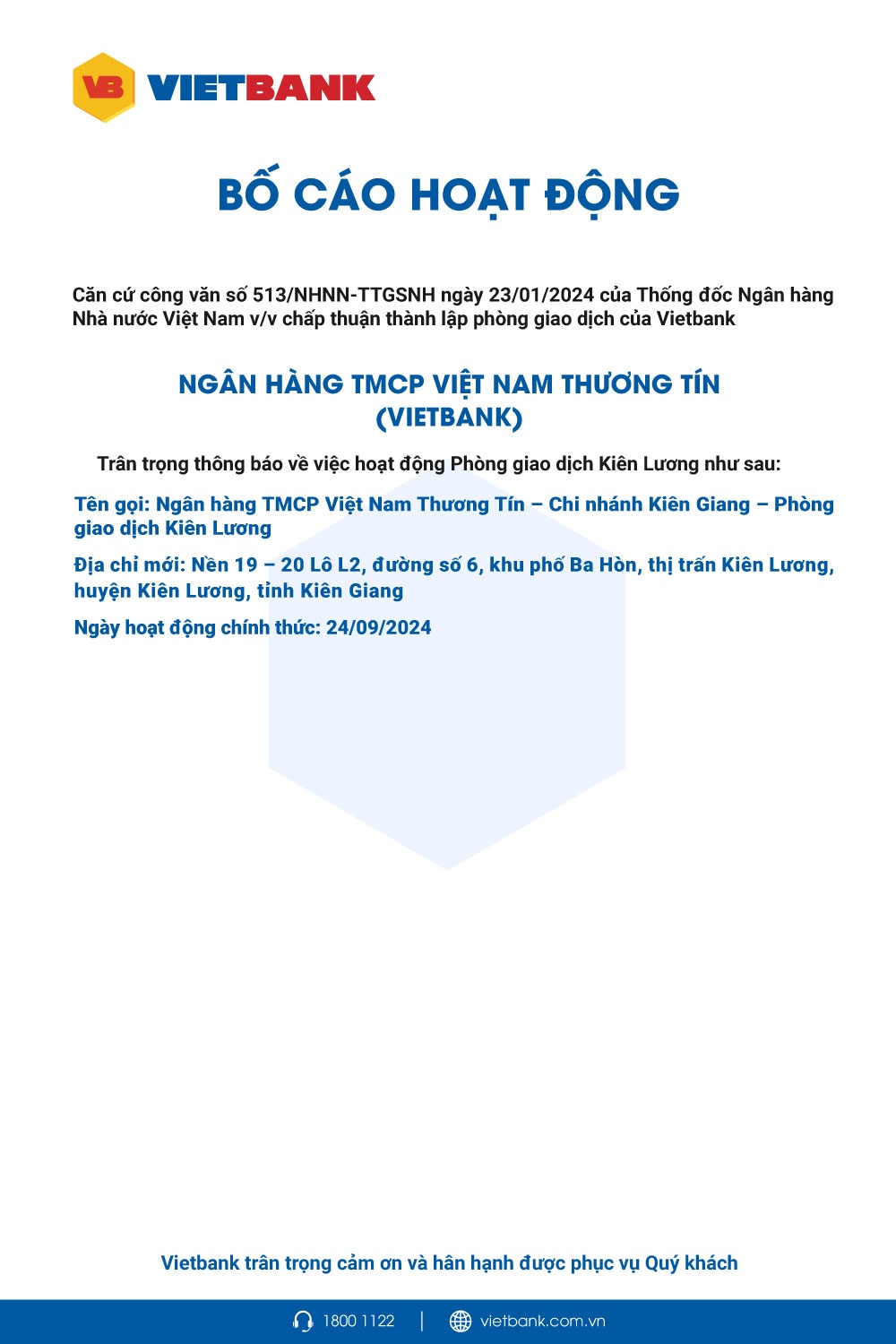 Vietbank: Bố cáo thành lập PGD Kiên Lương