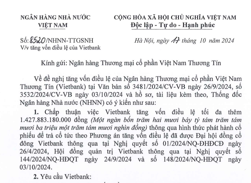 Ngân hàng Nhà nước Việt Nam chấp thuận việc tăng vốn điều lệ của Vietbank