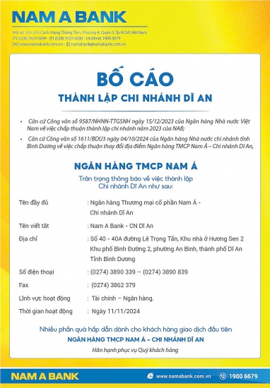 Nam A Bank: Bố cáo thành lập chi nhánh Dĩ An