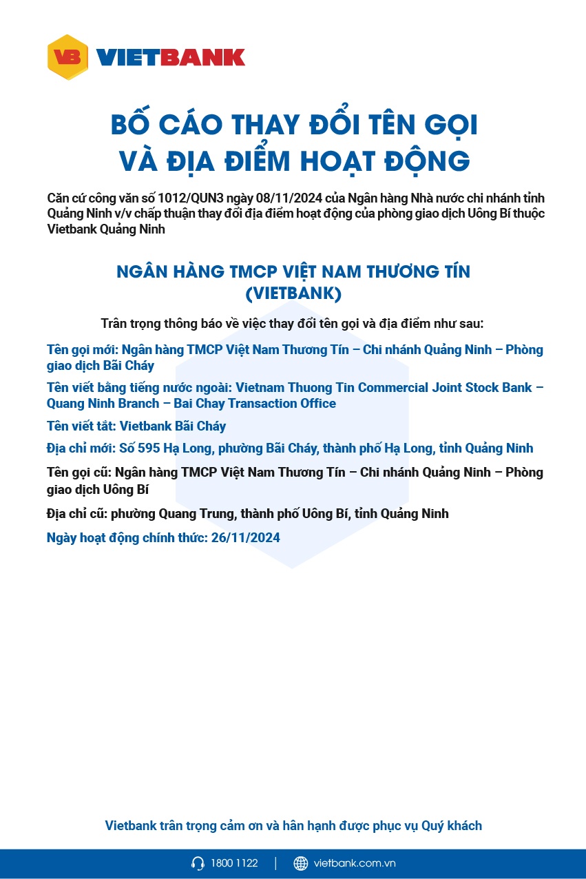 Vietbank: Bố cáo thay đổi tên gọi và địa điểm hoạt động PGD Bãi Cháy