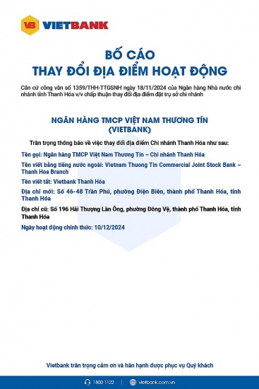 Vietbank: Bố cáo thay đổi địa điểm hoạt động chi nhánh Thanh Hóa